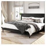 King Size Bed Frame with Velvet Upholstered Headboard, Platform Bed with Strong Wood Slats, Mattress Foundation, Box Spring Optional, Easy Assembly, Black *Retail $255