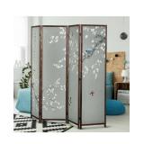 MyGift 4-Panel Asian-Inspired Folding Room Divider with Cherry Blossom Tree & Bird Design Poetry Calligraphy and Brown Wooden Frame *Retail $279