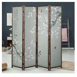 MyGift 4-Panel Asian-Inspired Folding Room Divider with Cherry Blossom Tree & Bird Design Poetry Calligraphy and Brown Wooden Frame *Retail $279