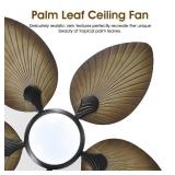 Tropical Ceiling Fans with Lights, 44 Inch Indoor Outdoor Palm Leaf Ceiling Fan for Patios Porch Bedroom, Remote/APP Control, Dimmable, 6 Speeds, Reversible, Wood Grain