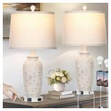 KINNARY 25inch Farmhouse Jar Table Lamps Set of 2, Bedside Lamps with USB A+C Ports and AC Outlet, Beige Lamps, Nightstand Lamps for Bedroom Living Room (2 LED Bulbs) - Retail: $89.51