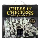 Used Chess & Checkers Set with 9" Glass Board, chest set complete but missing 3 clear pieces for checkers