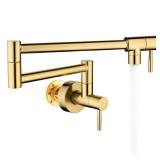 Fransiton Brushed Gold Pot Filler, Pot Filler Faucet Wall Mount, Brass Folding Stretchable with Double Joint Swing Arm Single Hole Two Handles Kitchen Restaurant