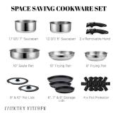 Country Kitchen Cookware Set with Removable Handle, Oven & RV Safe Pots and Pans Set, Stainless Steel, Original - Retail: $100.77