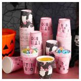 A 120 Pack Halloween Baby Shower Cups Disposable A Baby Is Brewing Cups Halloween Little Boo Baby Shower Decorations Halloween Gender Reveal Party Supplies Halloween Cups 9 oz for Adults(Pink)