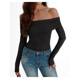 Trendy Queen Long Sleeve Off Shoulder Bodysuits for Women 2024 Slimming Fit Compression Backless Body Suits Black S