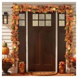 Artificial Fall Maple Leaves Garland Hanging Vine 6Ft Fake Pumpkin Pine Berries Autumn Decoration Garland Decor for Fireplace Home Doorway Party Indoor Outdoor