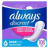 Always Discreet Adult Incontinence Pads for Women, Moderate Absorbency, Regular Length, Postpartum Pads, 108 CT (Packaging May Vary)