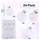 70MM/2.76" Christmas Ornaments Set, 24ct Clear White Plastic Shatterproof Christmas Balls with Stuffed Delicate Decorations Shatterproof Xmas Tree Baubles for Holiday Party Thanksgiving Office