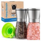 HOME EC Premium Stainless Steel Sea Salt and Pepper Grinder Set of 2 - Adjustable Ceramic, Glass Salt and Pepper Shakers - Pepper Mill & Salt Mill W/Funnel & EBook