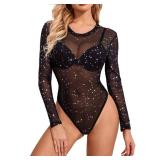 Avidlove Women Long Sleeves Mesh Bodysuit Snap Crotch Bodysuit Top Star Leotard, Black, XXL