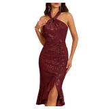 Halter Wine Red Sequin Dress Sparkly Ruched Split Mermaid Cocktail Dresses 2XL