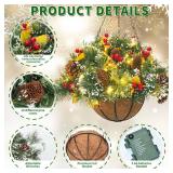 Artificial Christmas Hanging Basket, Decorated with Frosted Pine Cones, Berry Clusters, 30 LED Warm Lights,Christmas Outdoor Decorations for Front Porch Garden Yard Lawn Xmas Decor,20 Inches