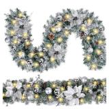 Christmas Garland with LED Lights, Battery Operated, Artificial Christmas Garland Silver Flower and Ball Ornaments Decorations for Christmas Decorations and Holiday Mantle Decor, 6FT