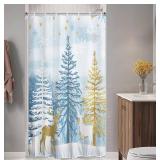 Baccessor Winter Christmas Shower Curtain Blue White Snowy Forest Scenery Gold Pine Tree Deer Snowflake Shower Curtain Waterproof Fabric Bathroom Bath Xmas Holiday Decor with Hooks 36 x 72 Inch