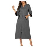 Ekouaer Women Zipper Robe 3/4 Sleeves Loungewear Dress Full Length Sleepwear Pockets Housecoat Nightgown Long Bathrobe