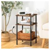 HOOBRO End Table with Charging Station, Side Table with USB Ports and Outlets, Tall 3-Tier Nightstand with Storage Shelf, Sofa Table for Small Space in Bedroom, Living Room, Rustic Brown BF10UBZ01