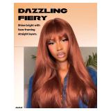 GORGIUS Copper Red Wig with Bangs 24 Inch Long Straight Layered Wig Glueless Curtain Bang Wig with Realistic Lace Scalp Put On & Go Bangs Wig For Beginner