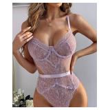 Aranmei Women Sexy Lingerie Bodysuit Lace Teddy Snap Crotch V Neck Cut Out One Piece Babydoll Underwire(Light Purple X Large)