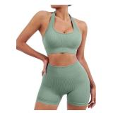 SUUKSESS Women Seamless Ribbed Workout Set Backless Sports Bra Booty Biker Short MEDIUM