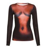 Y2K Aesthetic Body Print T Shirt Women Hipster Street Round Neck Long Sleeve 3D Slim Tops Attirewear Clothing S/M