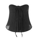 HzDazrl Women Summer Y2k Sleeveless Tube Tops Tie Up Front Strapless Bandeau Tops Off Shoulder Vest Tank Black Medium