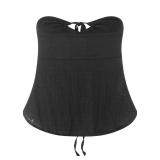 HzDazrl Women Summer Y2k Sleeveless Tube Tops Tie Up Front Strapless Bandeau Tops Off Shoulder Vest Tank Black Medium