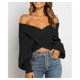 BTFBM Women Casual V Neck Long Sleeve Sweaters Cross Wrap Front Off Shoulder Asymmetric Hem Knitted Crop Solid Pullover(Solid Black, X Large)