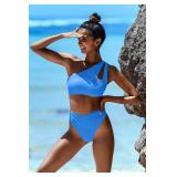 HyMeYou Women One Shoulder Bikini High Waisted Cutout Crop Top Swimsuit Sports Two Piece Padded Push Up High Cut Bathing Suit M