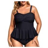 Daci Women Black Two Piece Plus Size Swimsuit with Bottom Peplum Tankini High Waisted Tummy Control Bathing Suit 12W