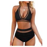 OMKAGI Women Mesh High Waisted Bikini Set Sexy V Neck Tummy Control Swimsuit Bathing Suit(S,50 Black)