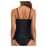 Tempt Me Black Two Piece Tankini Set Tummy Control Swimsuit for Women High Neck Top with Bottom Bathing Suits Ruched Swimwear M