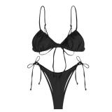 ZAFUL Women Textured High Waisted Bikini Metal O Ring 2 Piece Swimsuits Lace Up High Cut Bathing Suit M