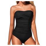 Yonique Womens Strapless One Piece Swimsuit Tummy Control Bandeau Bathing Suits Slimming Twist Front Swimwear Black White Leopard L