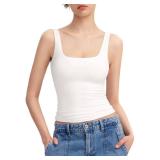 PUMIEY White Tank Tops for Women Square Neck Sleeveless Summer Tops, Splashed White Large