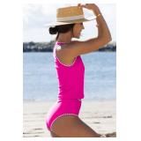 Beachsissi Women Cute White Trim Bathing Suits Round Neck Tankini Set, Rose Red, S