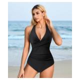 SUUKSESS Women Sexy Tummy Control One Piece Swimsuits Halter Push Up Monokini Bathing Suits (Black, S)