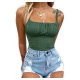 BEJONS Women Elegant Y2k Black Bodysuits Thong Square Neck Double Lined Ruched Sleeveless Body Suit Tank Top Casual Going Out Summer Vacation Teacher Outfits Emerald Green L