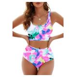 Womens High Waisted Bikini Tie Dye Bandeau Top Rainbow Sports Style Low Scoop Crop Swimsuits Two Piece Bathing Suits, Red, M