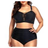 Daci Women Black Plus Size Two Piece Bikini Swimsuit High Waisted Tummy Control Bottom Bandeau Lace Up Bathing Suit L