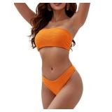 ZAFUL Women Strapless Textured Bandeau Bikini 2 Piece Swimwear Cheeky Solid Lace up Bathing Suits(0 Orange,M)