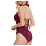 TISEMENT One Piece Swimsuit Women Open Back, Sexy Deep Cut Lace Up Back, Ruched Push up Swimwear, Tummy Control Bathing Suits M