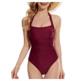 TISEMENT One Piece Swimsuit Women Open Back, Sexy Deep Cut Lace Up Back, Ruched Push up Swimwear, Tummy Control Bathing Suits M