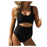 VIMPUNEC Women Tummy Control One Piece Swimsuit High Waisted Bathing Suit Cut Out Swimwear Black M