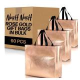 Nush Nush Rose Gold Gift Bags Large Size in Bulk Set of 60 Reusable Rose Gold Gift Bags With Black Handles - Perfect As Goodie/Birthday Gift Bags, Party Favor Bags 13Wx5Dx11H