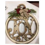 Christmas Joy Round Wall Decor, white and Gold Wooden Star, Two Mini Stockings, Gold Bells, and Miniature Bows