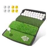 Golfguru Golf Mat, Foldable 4-in-1 Golf Hitting Mats Practice with Ball Tray, 8 Golf Balls, 9 Golf Tees, Rubber Tee, Golf Hitting Training Aids for Backyard Driving Chipping Indoor Outdoor Training