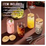 NETANY Drinking Glasses with Bamboo Lids and Glass Straw 4pcs Set - 16oz Can Shaped Glass Cups, Beer Glasses, Iced Coffee Glasses, Cute Tea Cup, Ideal for Cocktail, Whiskey, Gift - 2 Cleaning Brushes