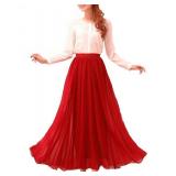 Afibi Womens Chiffon Retro Long Maxi Skirt Beach Ankle Length Skirt (XXX-Large, Red)