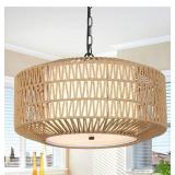 Farmhouse Chandelier Light Fixture,4-Light Rattan Boho Chandeliers for Dining Room with Fabric Shade,Hand Woven Large Rattan Dining Room Light Fixture for Kitchen Bedroom Island Hallway